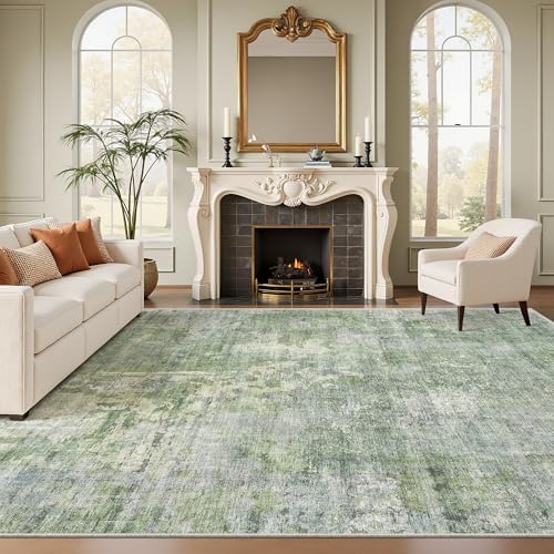 Soalmost Abstract 7x10 Area Rug for Living Room Washable Rugs Green/Ivory by Soalmost