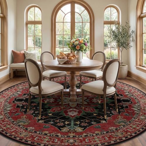 RELEANY Washable Area Rug, Round 8ft, Red/Black - Image 2