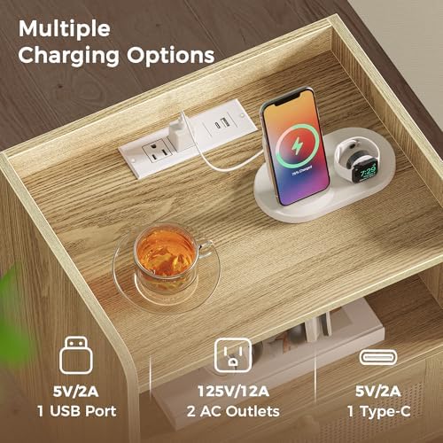SUPERJARE Nightstands Set of 2, Night Stands with Charging Station, Natural - Image 4