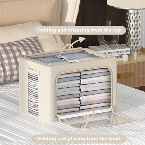 3Pack Frame Storage Box - Clothes Storage Bin Bags Oxford Fabric Foldable Stackable Container Organizer Set with Clear Window & Carry Handles Large Capacity (Beige, Small-22L) - Image 2