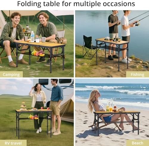 Anbte 3ft Camping Table Foldable with Storage Net and Bag, 3 Adjustable Heights High 27.5" Aluminum Camping Table Portable, for Outdoor Indoor Backyard BBQ Cooking Party Picnic Beach, Light Oak Grain - Image 5