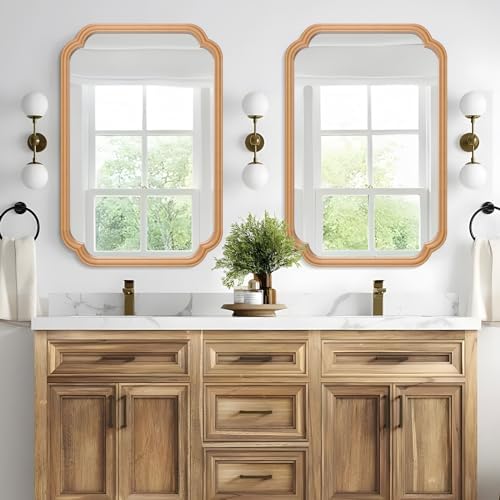 Ferytange Wood Bathroom Mirror for Wall Mounted, 24" x 36" Rustic Bathroom Mirror for Over Sink with Wood Frame Farmhouse Rounded Corner Rectangle Mirror Decorative(Natural Color) - Image 2
