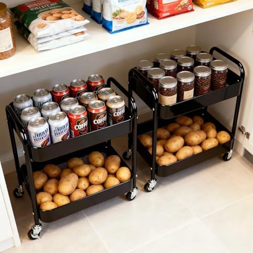 2 Pack Pantry Cart 2 Tier Small Rolling Cart with Wheels for Under Desk Storage, Short Rolling Utility Cart Large Basket Metal Kitchen Shelf with Mesh Laundry Room Organizer Side Table, Black by LIWNYRK