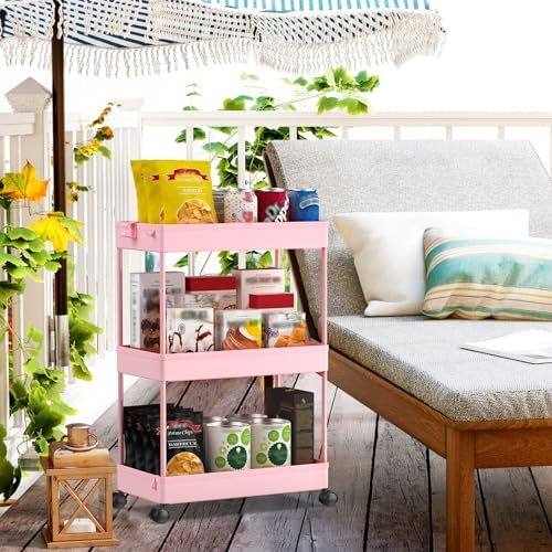 SPACEKEEPER 3 Tier Rolling Cart, Bathroom Cart Organizer with Wheels, Pink - Image 3