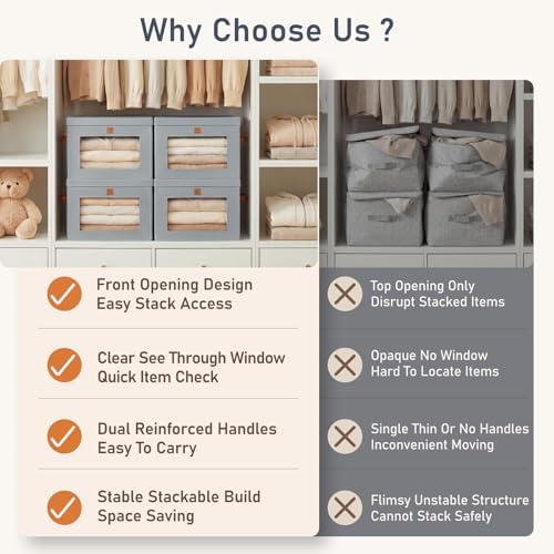 DIMJ Storage Bins with Lids - 4 Pack Front Opening Stackable Fabric Storage Boxes with Clear Window & Handles, Collapsible Closet Organizers for Clothes, Sweaters, Shelf Storage, Bedroom, Gray - Image 3