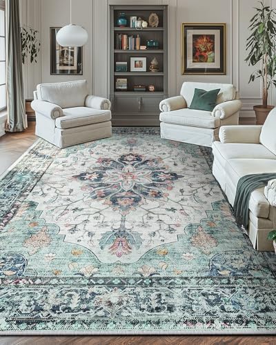 RELEANY Washable Area Rug, Large 10'x14', Teal Green/White/Navy - Image 2