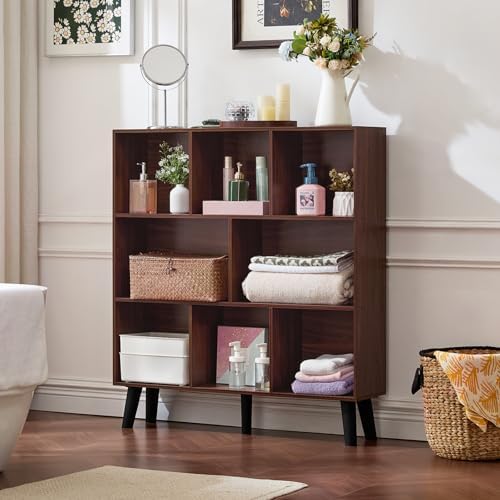 LEYAOYAO 8 Cube Bookshelf, Mid-Century Modern Book Shelf with Legs, Walnut - Image 3