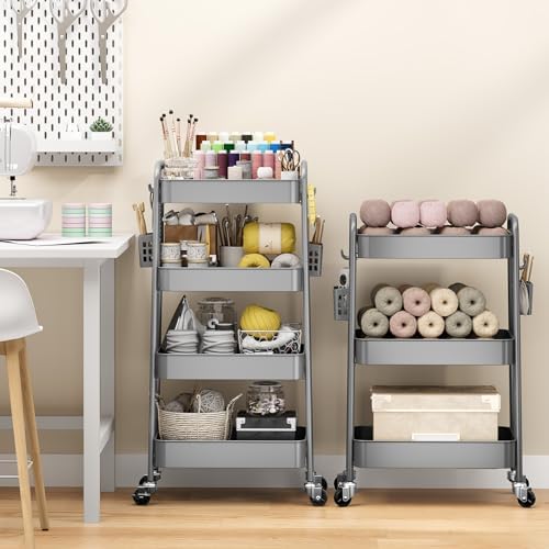 TOOLF 4 Tier Rolling Cart, Metal Utility Storage Cart with Pegboard, Grey | 2 Bins & 4 Hooks, Screwless Assembly, Lockable Wheels, Trolley Organizer for Bathroom, Kitchen, Office, Dorm, Craft Room - Image 4