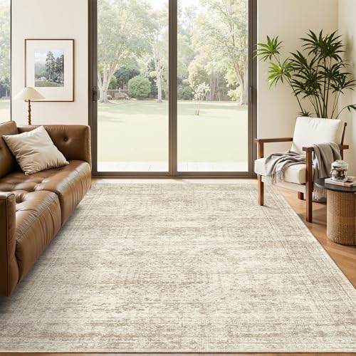 Soalmost 5x7 Area Rugs Beige Low Pile Washable Trendy Faded Style Rug by Soalmost