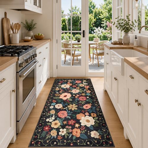 DUKINO 3x6 Runner Rug, Non Slip Floral Washable Rug for Kitchen, Black - Image 4