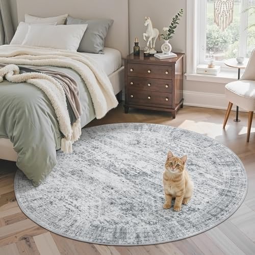 Soalmost 5x5 Grey Round Rug 6ft Circle Living Room Area Rugs Non-Slip by Soalmost