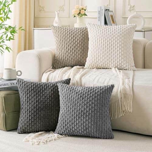 Set of 4 Grey White Taupe Decorative Throw Pillow Covers 20x20 Inch Corduroy Pillow Covers for Bed Couch Sofa Living Room Soft Square Cushion Cases by Cozoomy