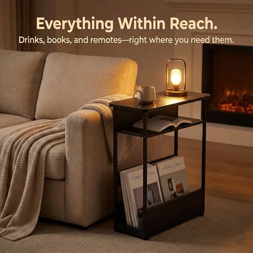 Narrow Side Table,3-Tier Slim End Table with Storage Shelf,Modern Sofa Table Thin Side Table for Narrow and Small Spaces, Skinny Bedside Table Small Nightstand with Magazine Rack Space Saving/Black - Image 6