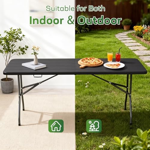 FDW | 6FT Folding Table | Black Wood Grain | Portable Plastic Table - Image 4