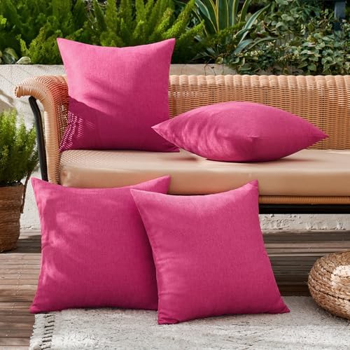 MIULEE Pack of 4 Decorative Outdoor Throw Pillow Covers Linen Waterproof Pillow Covers Farmhouse Cushion Cases for Patio Garden Tent Balcony Couch Sofa 18x18 inch Hot Pink - Image 3