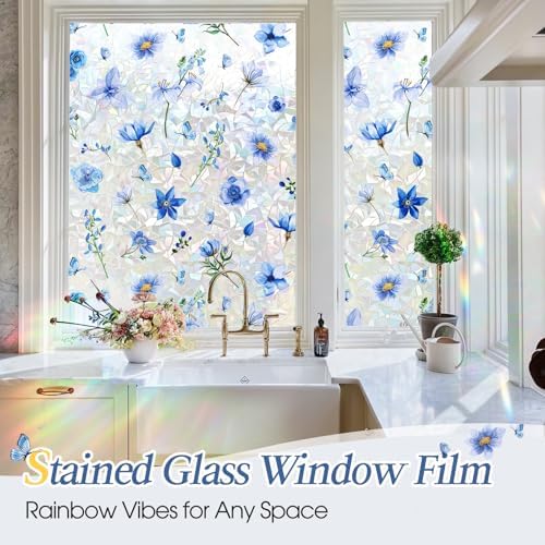 Coavas Stained Glass Window Privacy Film, 3D Rainbow Floral, 35.4" x 78.7" - Image 2