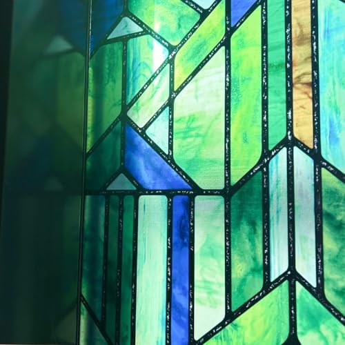 Original Hand Drawn Faux Stained Glass Window Film, Double-Sided Privacy Static Film, Cool Aqua Green Geometry Patterns Inspired by Hollyhock House, Peep Proof 16.93"X84.65" - Image 2