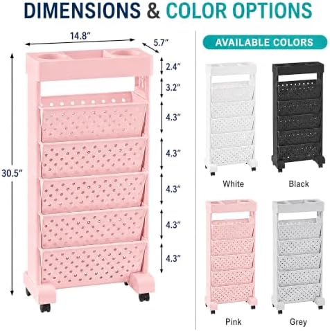 BYFU 6-Tier Movable Bookshelf Cart, Pink - Image 3