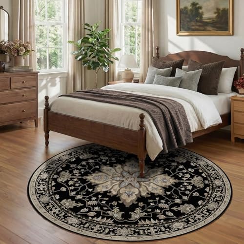 RELEANY Washable Area Rug, Round 7ft, Black/Neutral - Image 2