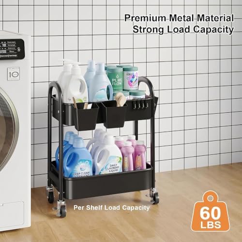 2 Tier Rolling Cart Metal on Wheels,Two Tiered Short Side Table with Wheels - Image 5