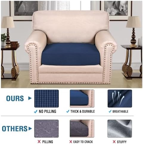 H.VERSAILTEX Super Stretch Individual Seat Cushion Covers Sofa Covers Couch Cushion Covers Slipcover Sets Thick Jacquard Textured Twill Fabric (1 Piece Chair Cushion Cover, Navy) - Image 2