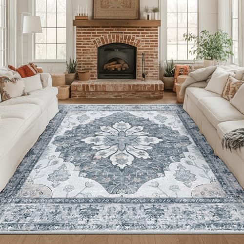 RELEANY Washable Area Rug, Square 8'x8', Grey/White/Beige by RELEANY