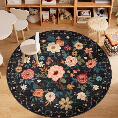 DUKINO 5ft Round Rug, Non Slip Floral Washable Small Circle Rug, Black - Image 3