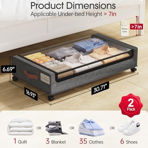 Yecaye Under Bed Storage with Wheels, 2Pack Under Bed Storage Containers, Underbed Shoe Storage Organizer, Rolling Under Bed Metal Drawers for Clothes, Blankets(30.71 x 16.93 x 6.69 in) (Pack of 2) - Image 2