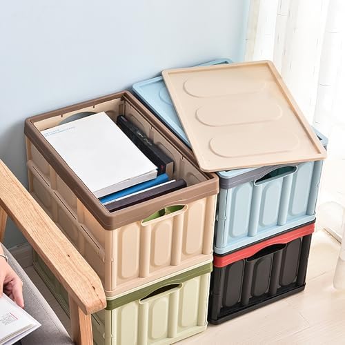 Collapsible Storage Box with lid 30L Lidded Storage Bin Crates Plastic Tote Container Stackable Folding Utility Crates Shelf Basket for Clothes Books Snack Shoe Storage Container (Khaki) - Image 6