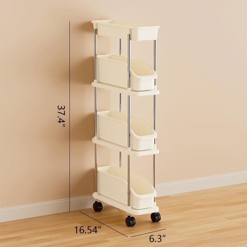 Slim Storage Cart 4 Tier Slim Rolling Utility Cart with Pull-Out Baskets & Wheels for Narrow Space in Kitchen Dining Room Bathroom Laundry Room Cream White (Width 6.3 Inches) - Image 2