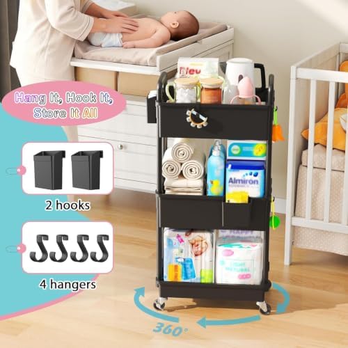 SUNALLY Baby Diaper Caddy Cart,3 Tier Rolling Diaper Cart for Nursery - Image 4