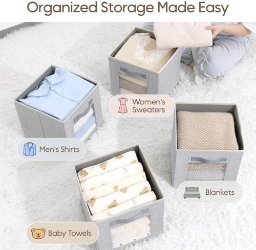 Homsorout Foldable Storage Cubes - Cubby Storage Organizer with Window, Decorative Fabric Bins for Clothes Storage, Closet Organizers for Shelves, 11inch, Set of 8, Light Grey - Image 5