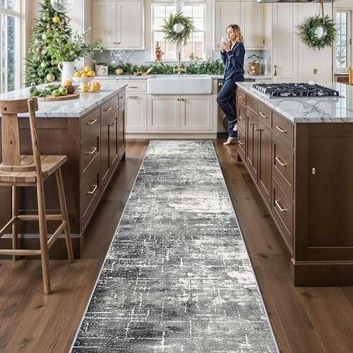 Abstract 14ft Long Runner Rug: Non-Slip Washable Rug Runner Low-Pile Soft Beside Carpet Indoor Farmhouse Entryway Floor Mat Bathroom Living Room Cozy Stain Resistant Area Rugs(2'6x14,Black/Grey) by HYHAOYUNLAI