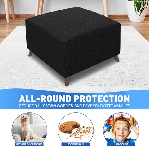 MAXIJIN Jacquard Ottoman Cover Slipcovers Folding Storage Stool Furniture Protector Cover Soft Thick Rectangle Foot Rest Slipcover with Elastic Bottom (Ottoman Large, Black) - Image 2