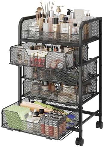 Hongtamoya Makeup Cart Organizer with 4 Drawers, Vanity Storage Organizer, Large Floor Skincare Organizers Cosmetics Display Cases for Skin Care Perfume Nail Polish, Black by Hongtamoya