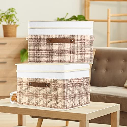 TYEERS Collapsible Storage Bins with Lids, Patchwork Design, Washable, Fabric Storage Boxes, 14.9x9.8x9.8 inches, 3 Pack, Camel Tan - Image 6