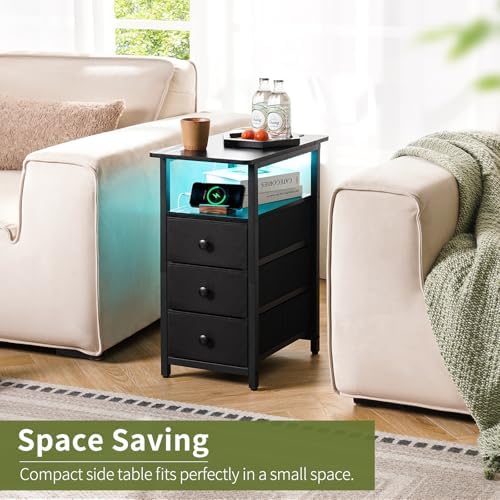 Yoobure End Table with Charging Station, LED Narrow Side Table Bedside Table, Small Night Stand End Tables Living Room, Skinny Nightstand with 3 Fabric Drawers, Side Tables Bedroom for Small Spaces - Image 3