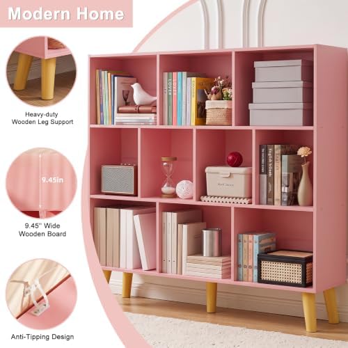 YAHARBO 10 Cube Bookshelf,3 Tier Bookcase with Legs,Light Pink Mid-Century Modern Bookshelves,Large Free Standing Open Storage Organizer Shelf,Tall Wooden Book Case Furniture for Bedroom,Living Room - Image 5