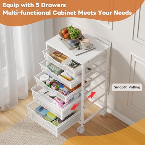 Hongtamoya Rolling Storage Cart with 5 Drawers, Metal Utility Cart with Lockable Wheels, Craft Storage Art Cart, Rolling Drawer Cart for Living Room, Bedroom, Bathroom, Office, Home, White - Image 4