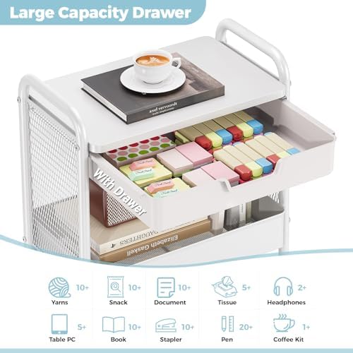 KINGBOARD 3 Tier Metal Rolling Cart with Drawer, White Utility Storage Cart | 2 Cups & 4 Hooks, Lockable Wheels, Trolley Organizer for Bathroom, Kitchen, Office, Nursery, Dorm, Laundry, Craft Room - Image 3
