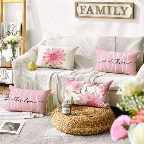 AVOIN colorlife Home Sweet Home Spring Summer Flowers Pink Throw Pillow Covers, 12 x 20 Inch Cushion Case for Sofa Couch Set of 4 - Image 2