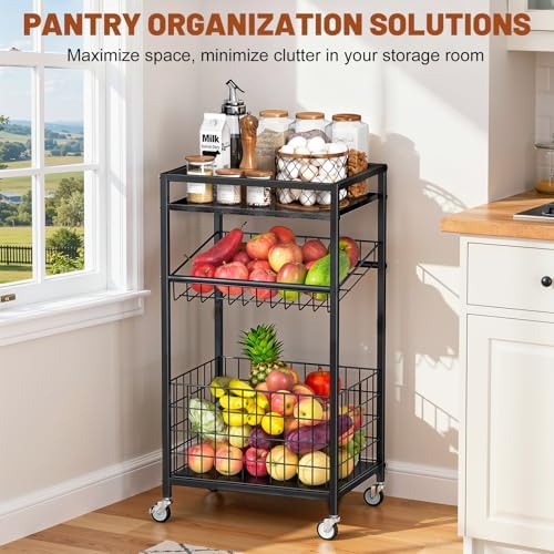 Fruit Vegetable Cart, 3-Tier Snack Cart on Wheels & Wood Top, Black - Image 5
