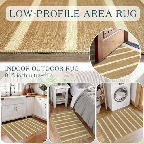Indoor Front Door Mat, 2x3 Cottage Tan Beige Striped Front Door Rug - Image 6