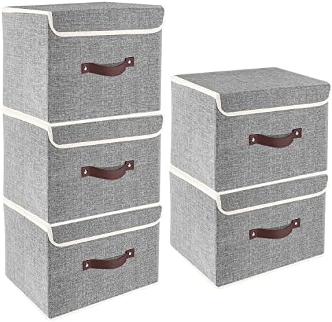 TYEERS Foldable Storage Boxes with Lids 5 Pack Fabric Storage Bins with Lids, Closet Organizers for Clothes Storage, Room Organization, Office Storage, Toys - Gray by StorageOrganization