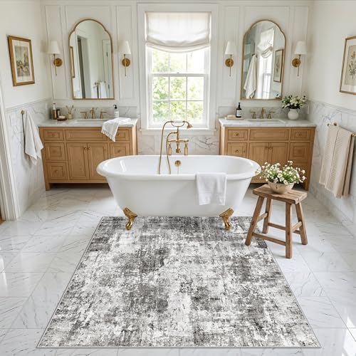 5x5 Square Entryway Rug Washable – Non-Slip Small Area Rug for Kitchen or Bathroom, Soft Low-Pile Indoor Mat, Modern Abstract Thin Door Carpet (Grey) - Image 4