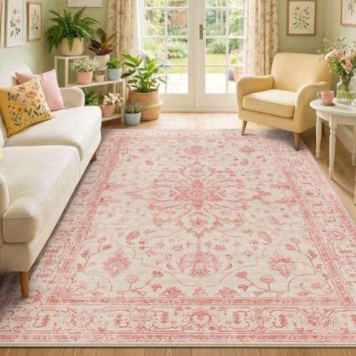 RELEANY Washable Area Rug, 5'x7', Pink/Light Vintage Pink by RELEANY