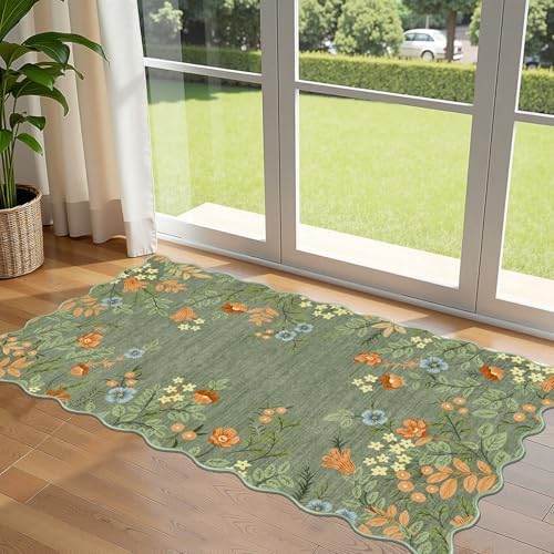 Front Door Mat Indoor Entrance - 2x4.3 Ft Sage Green Floral Washable Layered Doormat Outdoor Entrance Porch Rug Non-Slip Boho Runner Rug for Kitchen Hallway Bedroom Laundry Room Porch Decor by Othilic