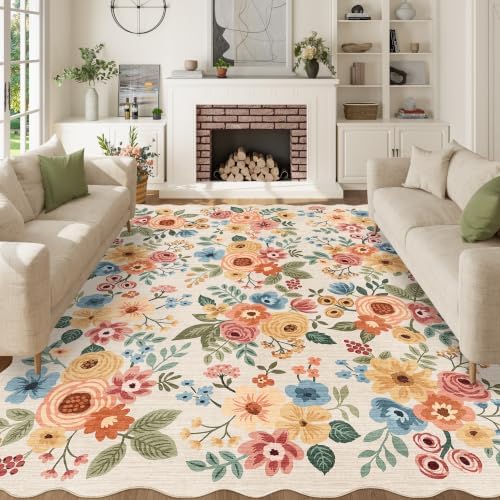 DUKINO 8x10 Area Rug for Living Room, Soft Floral Washable Rug Beige Yellow by DUKINO