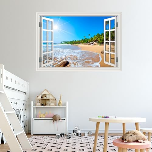 Fake Window Wall Decal- Summer Beach Seascape Coast Open Wall Art Sticker | Faux Window Tropical Ocean Natural Scenery Landscape Mural｜ Stick and Peel Wall Decals｜for Room Bedroom Office Decor｜24"x16" - Image 2