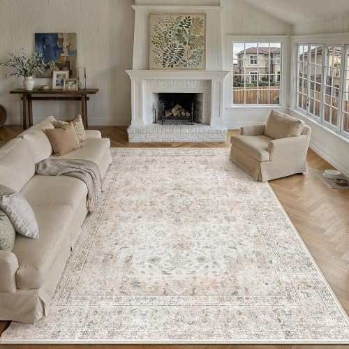 7x10 Washable Area Rug Beige Grey Non Slip Vintage Carpet by WondRg